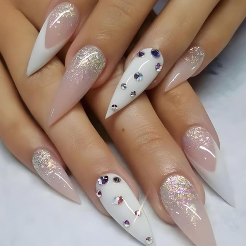 SINHOT Rhinestones Long Stiletto Fake Nails - Glossy Glue on White French Tip Acrylic Pink Almond Artificial Sparkly Glitter Stick on False Nails with Design 24 pcs - Image 1